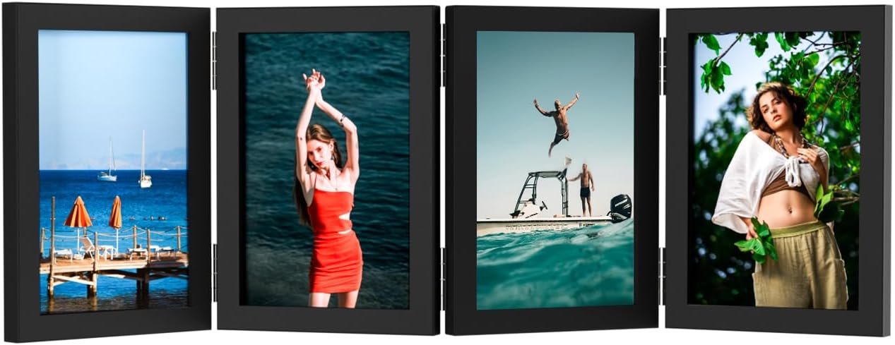 WARM&LOVE 4 Picture Frame, 4x6 Four Folding Hinged Photo Frames, Rustic Wood Desk Family Photo Collage Stand Vertical on Tabletop for Birthday Family Lover Gift (Black) - Image 7