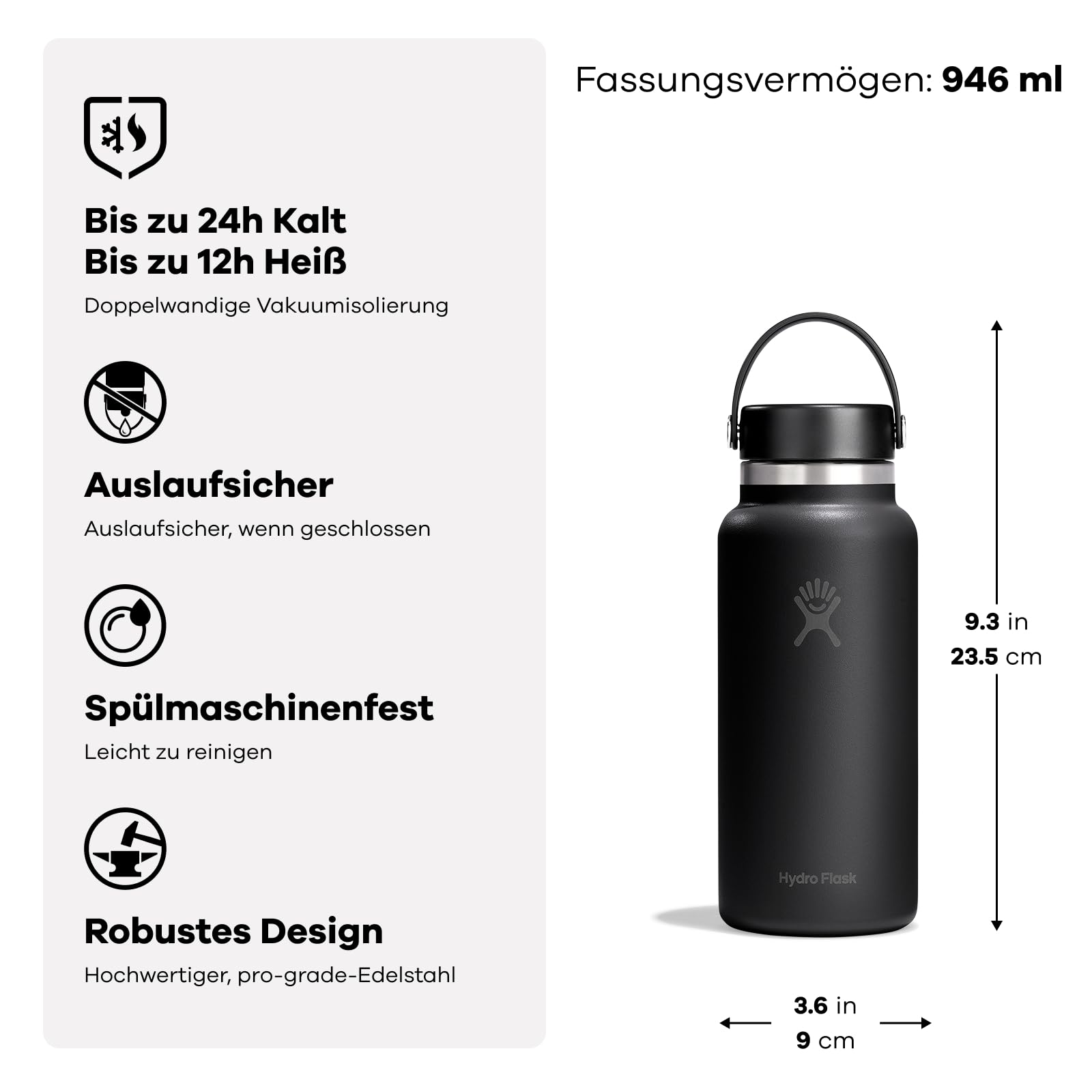 Hydro Flask – Wide Flex Cap 946 ml (32 oz) Bottle | Edelstahl, auslaufsicher – Kalt 24 Std., heiß 12 Std. isoliert – Black