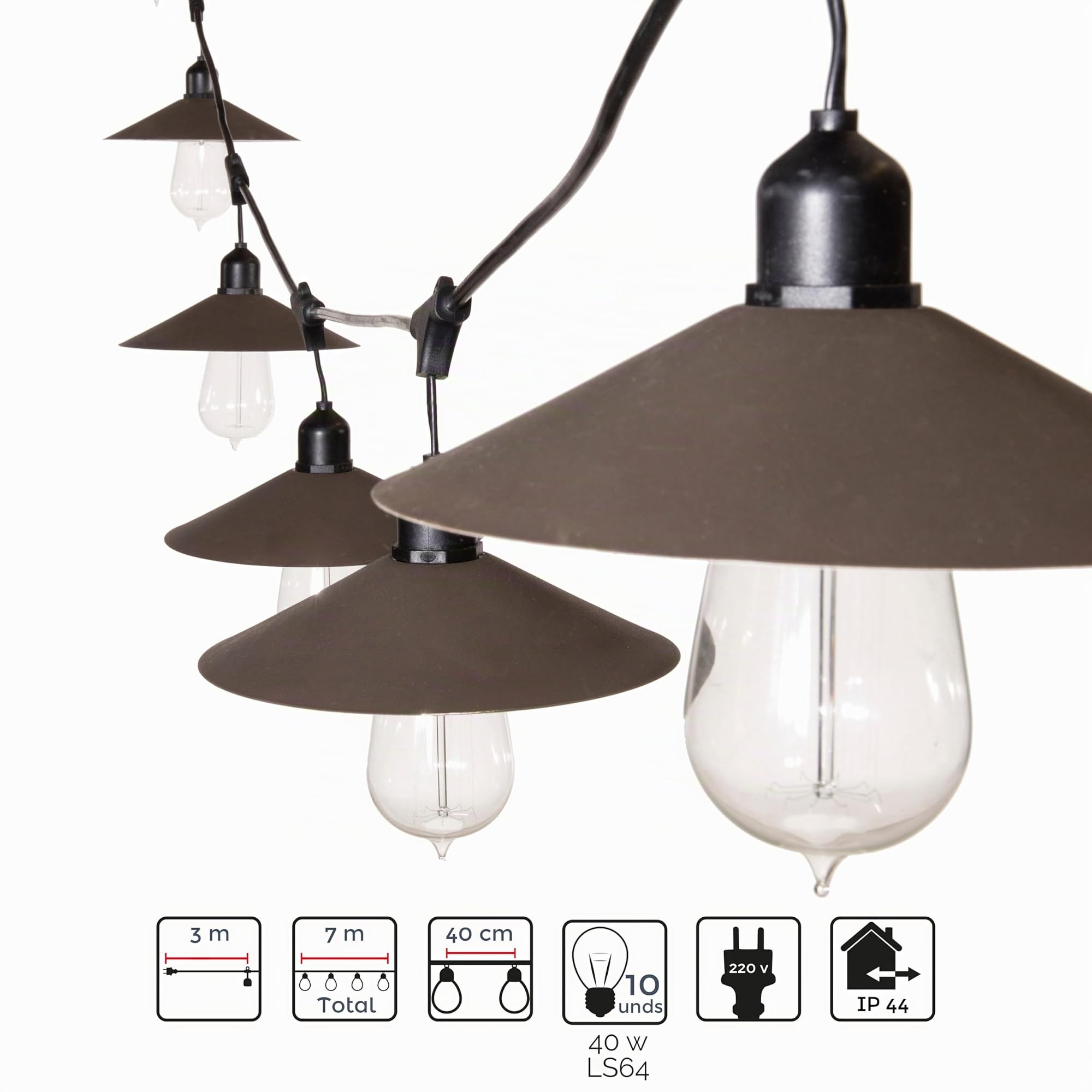 LOLAhome Guirnalda Luces Industrial Exterior 7 Metros y 10 Bombillas 40W | 2. 200K, 1. 800Lm. IP 44. Casquillos E 27 con pantallas de metal bronce. Ampliable extensible. Modelo Chateau