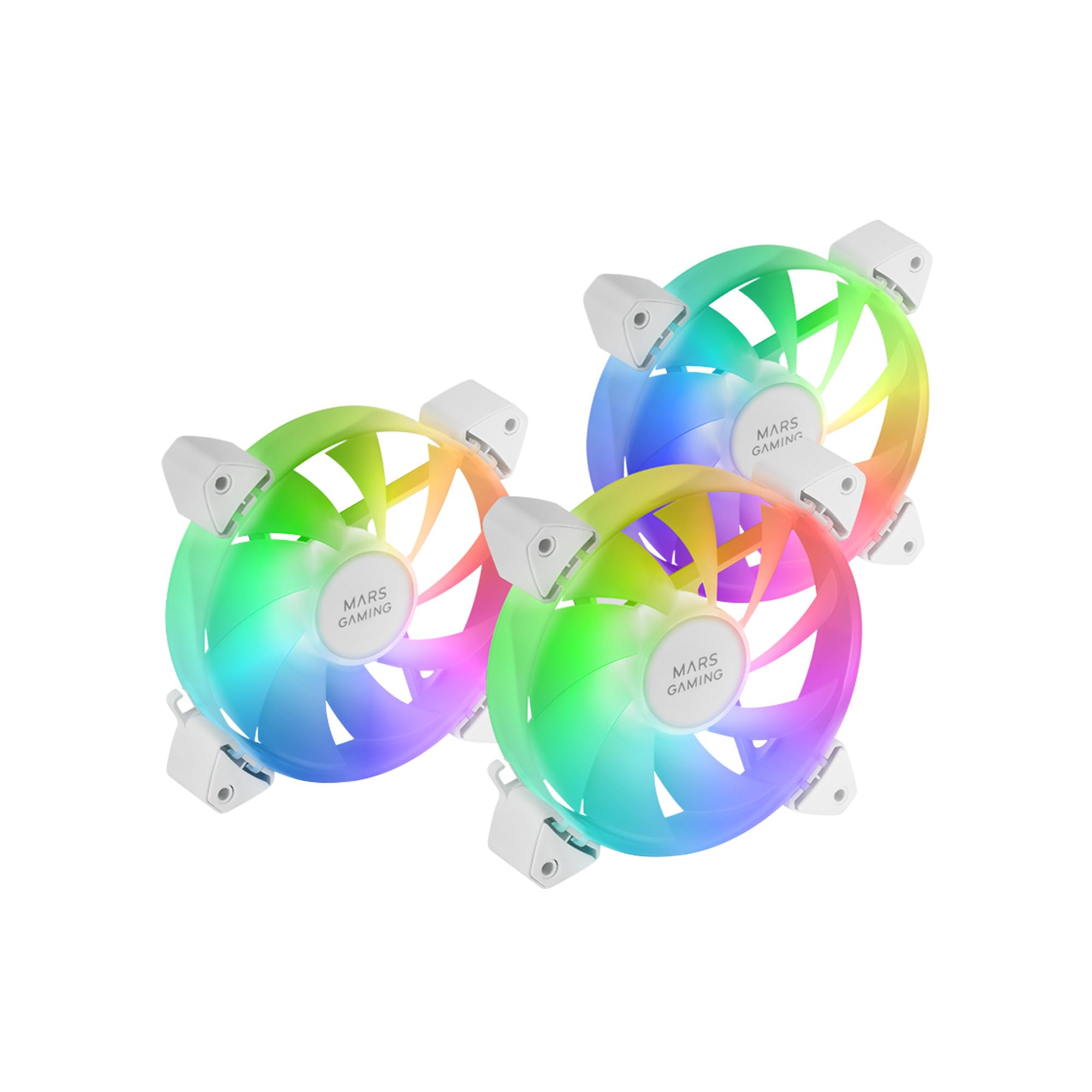 Mars Gaming MF-3A, Kit 3x Ventiladores FDB Ultrasilenciosos 120mm, Iluminación ARGB Rainbow 360º Sin Marco, Ventialdores 3en1 con Compatibilidad Total ARGB, Doble Conector ARGB Macho + Hembra, Blanco