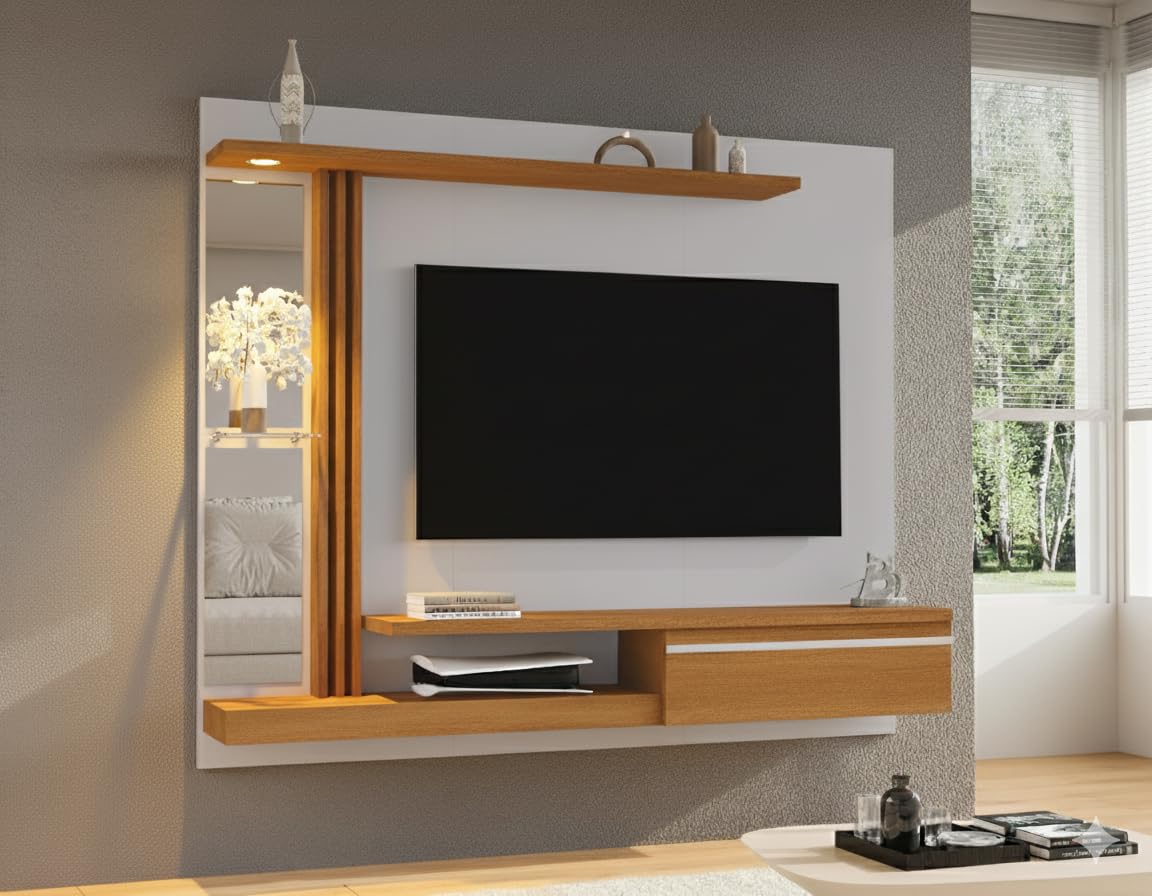 Painel para Tv até 55 Polegadas 136cmx160cm Led Prateleira de Vidro Denver Off-W