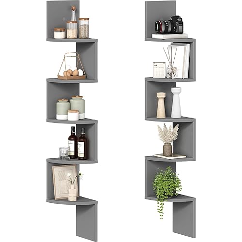 HOOBRO Corner Shelf Wall-Mounted, Set of 2 Floating Corner Shelves, 5-Tier Bookshelves for Wall Decor in Living Room, Bedroom, Home Office, Dove Gray GY26BJP201 - Dove Gray - 49.2 Inches