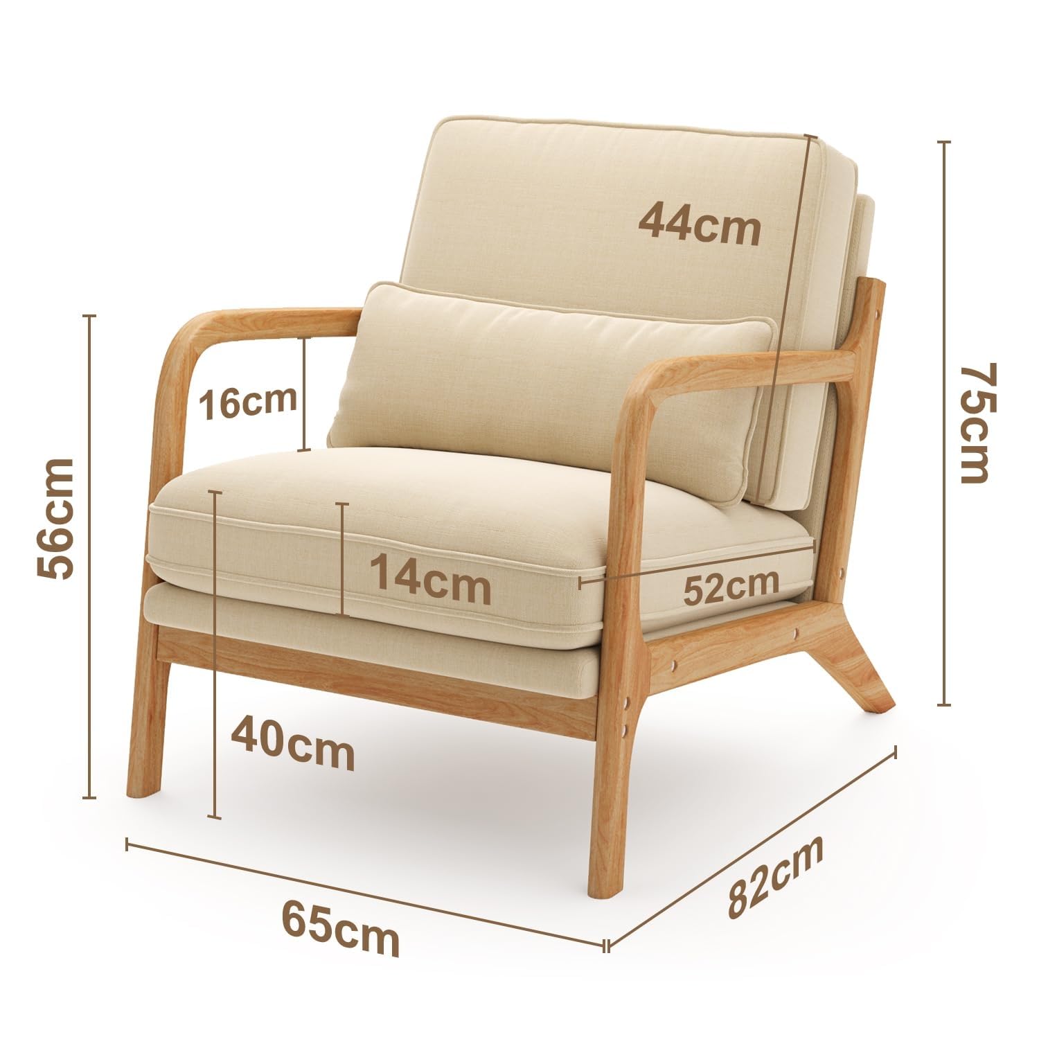 Poltrona da Salotto in Legno di Caucciù,Poltroncina Camera da Letto,con Cuscino Sfoderabile e Schienale con Braccioli con cuscino lombare,82 x 65 x 75CM, Beige