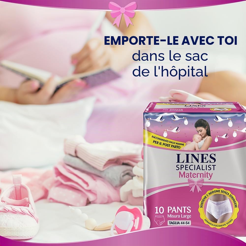 Lines Specialist Maternity Lot de 20 culottes absorbantes avec support d'abdomen et absorption rapide pour fuites post-accouchement, taille L