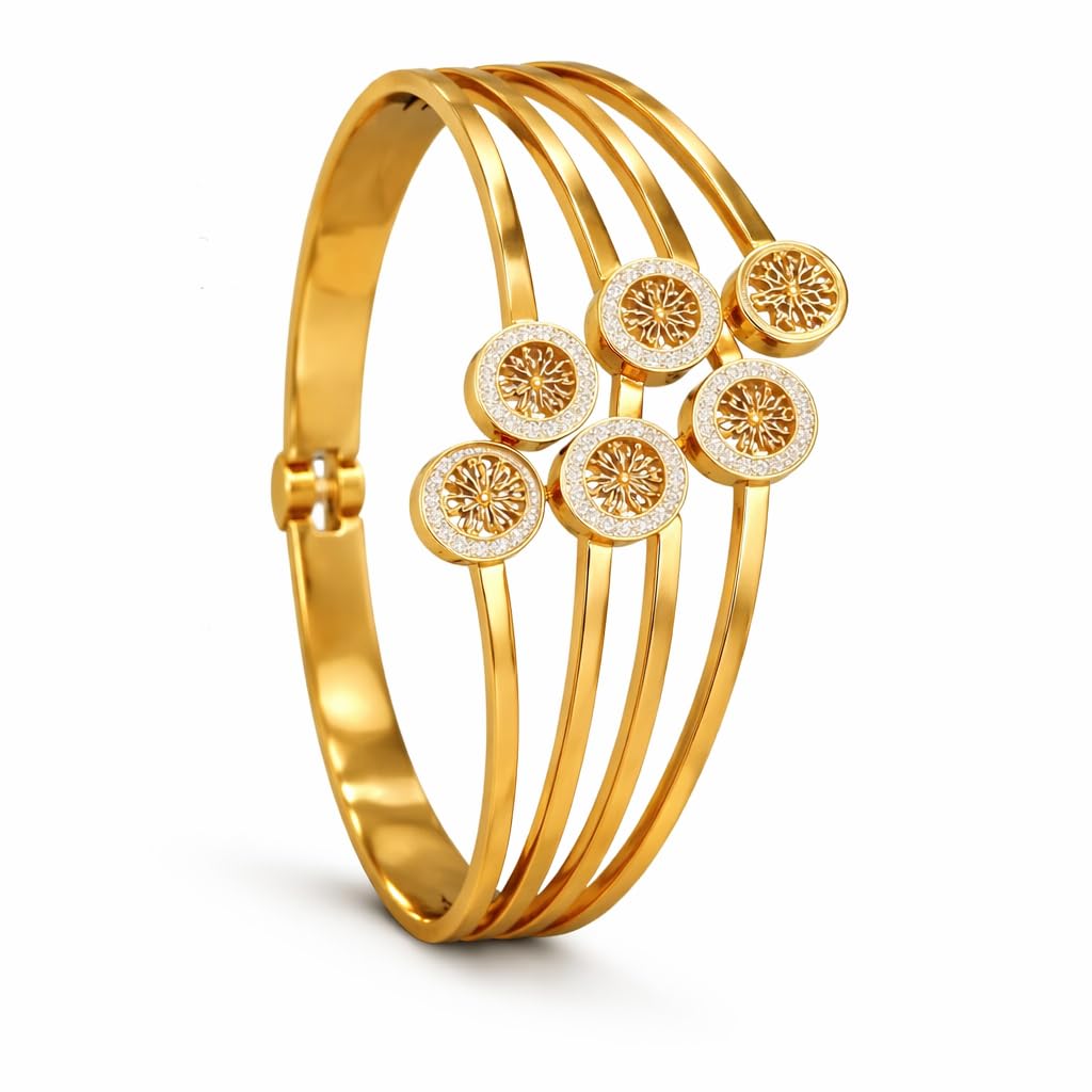 gold plated multi layer kada bracelet | floral motif crystal studded designer kada for girls & women br1000087gld