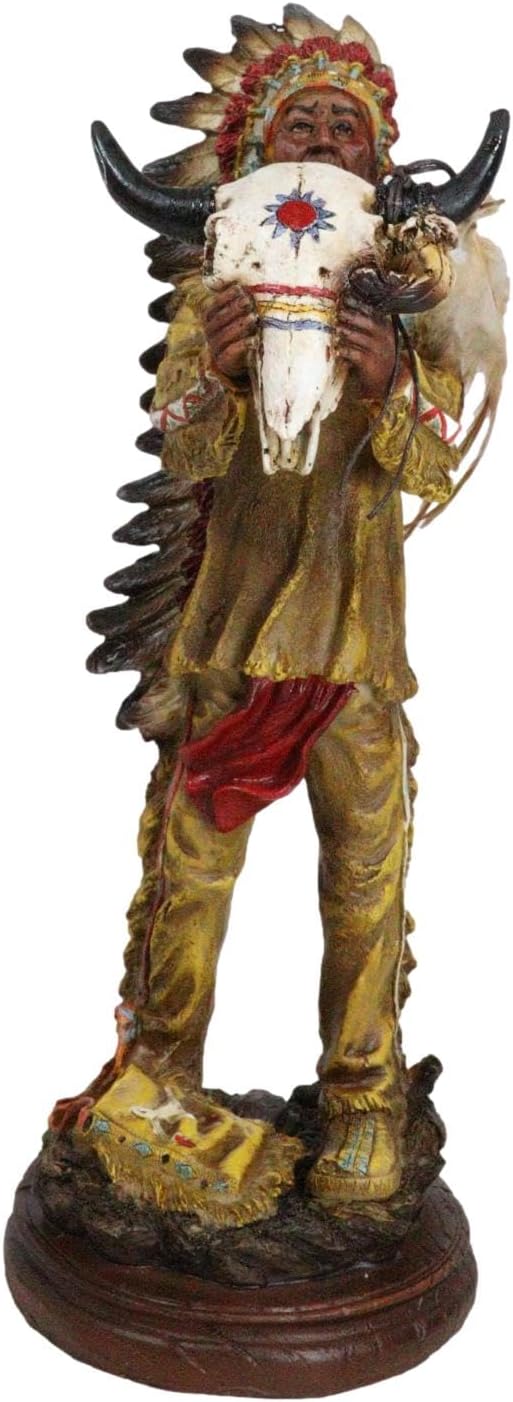 Ebros Gift Native American Indian Tribal Warrior Chief with Roach Headdress Holding Bull Ox Skull Figurine As Home Decor Sculpture Cultural Heritage History Figurine