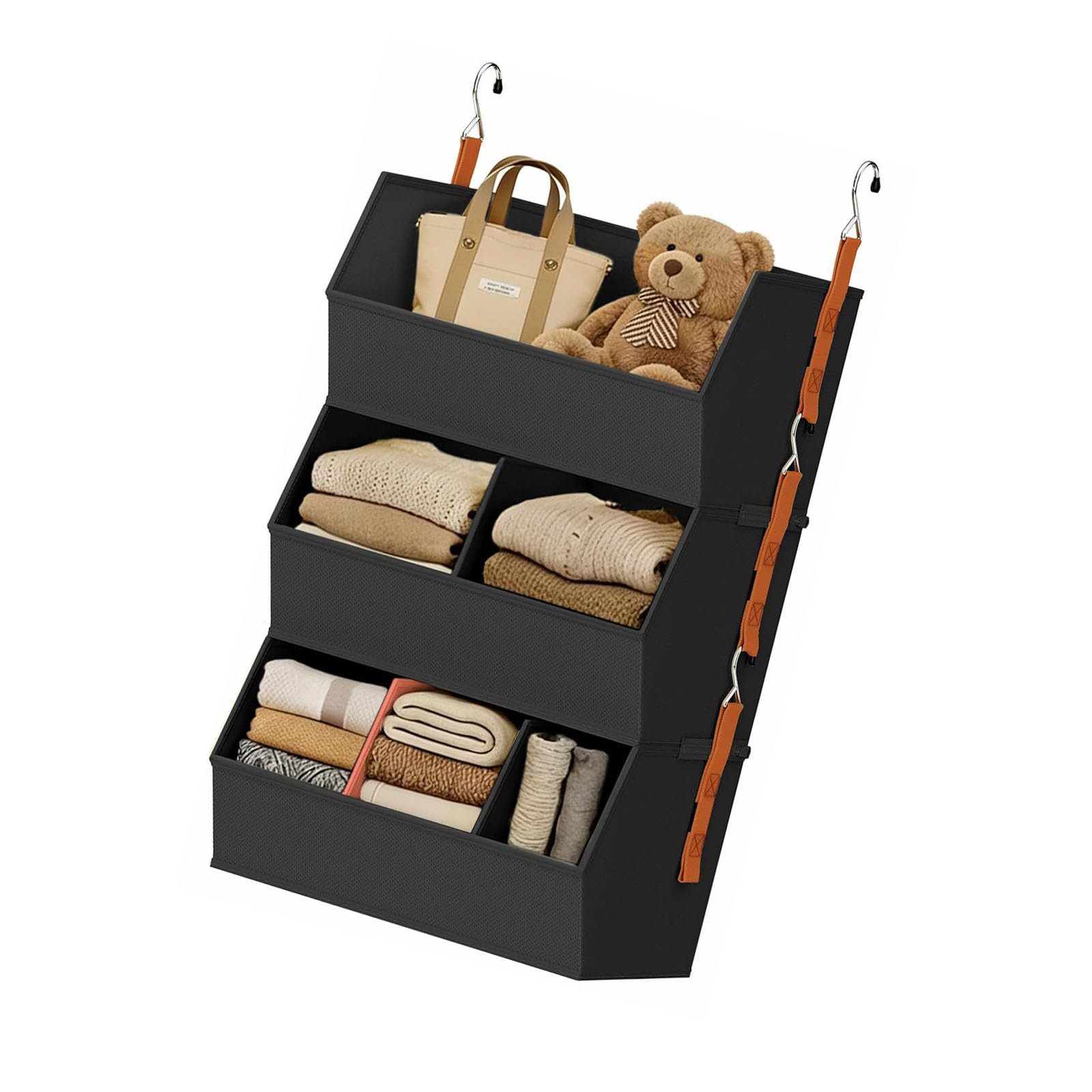 Elnwnnkc Black 3 Compartment Hanging Closet Storage With Reinforced Pp Panels And Adjustable Sections For Wardrobe Storage Hanging Garment Rack