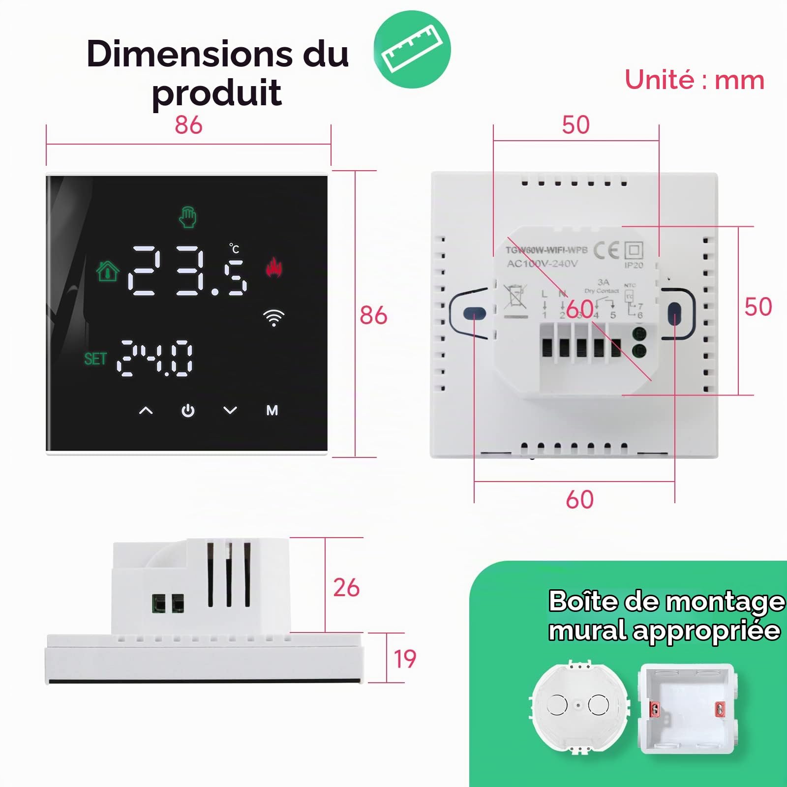 Beok Thermostat WiFi Intelligent, Thermostat de Chaudière Programmable pour Chauffage de Chaudière Eau/Gaz, Montage Mural avec Affichage LCD Numérique,TGW60-WIFI