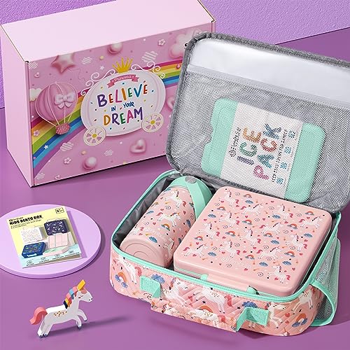 Image of Fimibuke Kids Bento Lunch Box with 4 Compartments, Insulated lunch Bag, Stainless Steel Insulated Water Bottle, Ice Pack & Utensils Set, Birthday Gifts for Ages 3-12 Back to School Toddler Girls Boys