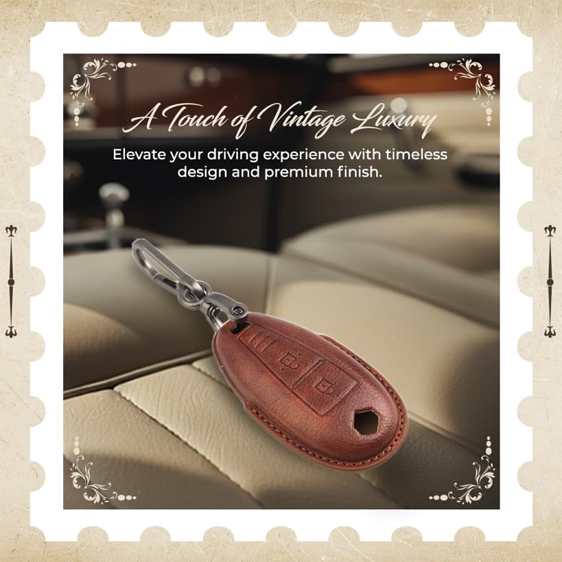 Image of Keyzone Vintage Leather Key Cover for Baleno, Ciaz, Ignis, SCross, Vitara Brezza, Urban Cruiser 3 Button smart Key (VL Leather - Black)
