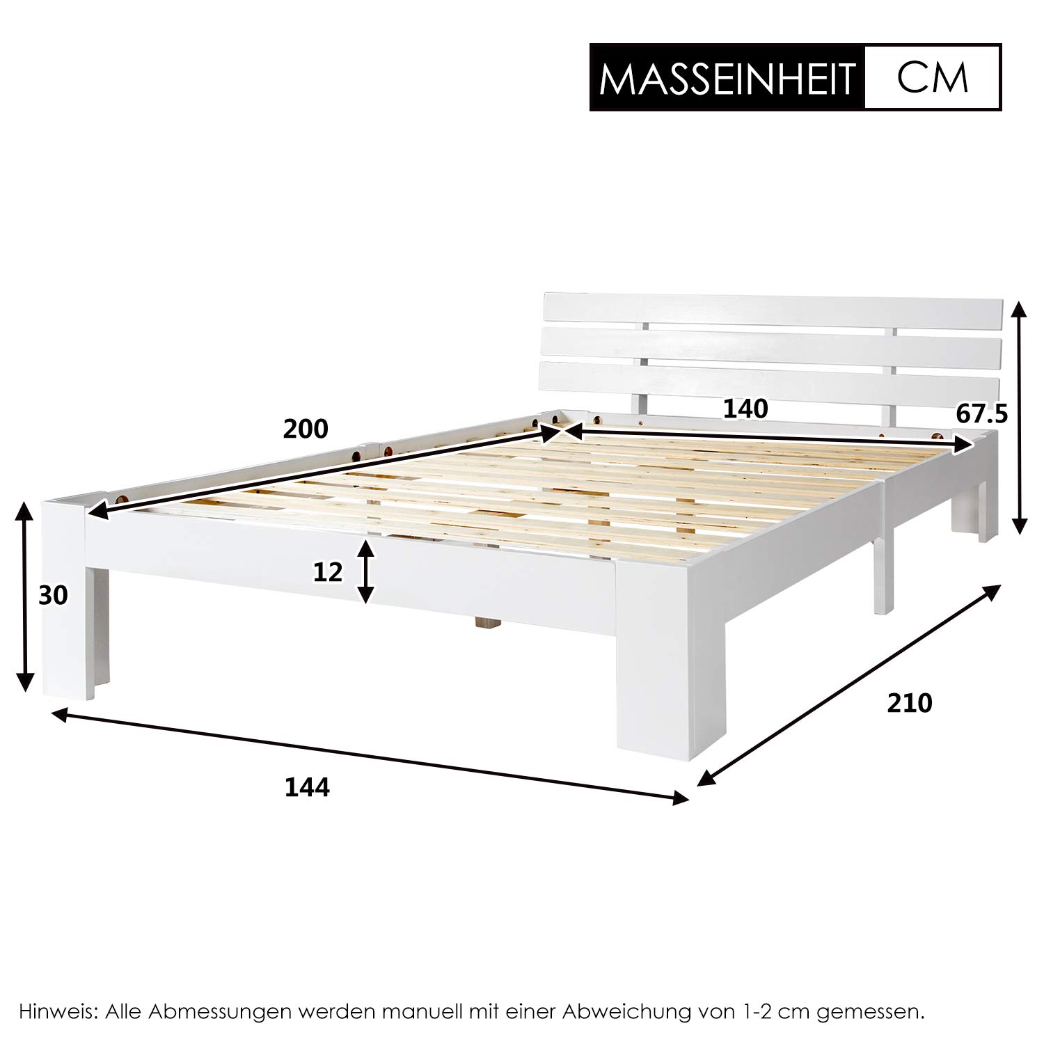 Merax Letto in legno massiccio, letto matrimoniale, telaio in legno con testiera e rete a doghe, 140 x 200 cm, supporto per doghe in legno, spazio sotto il letto, mobili per camera da letto, bianco