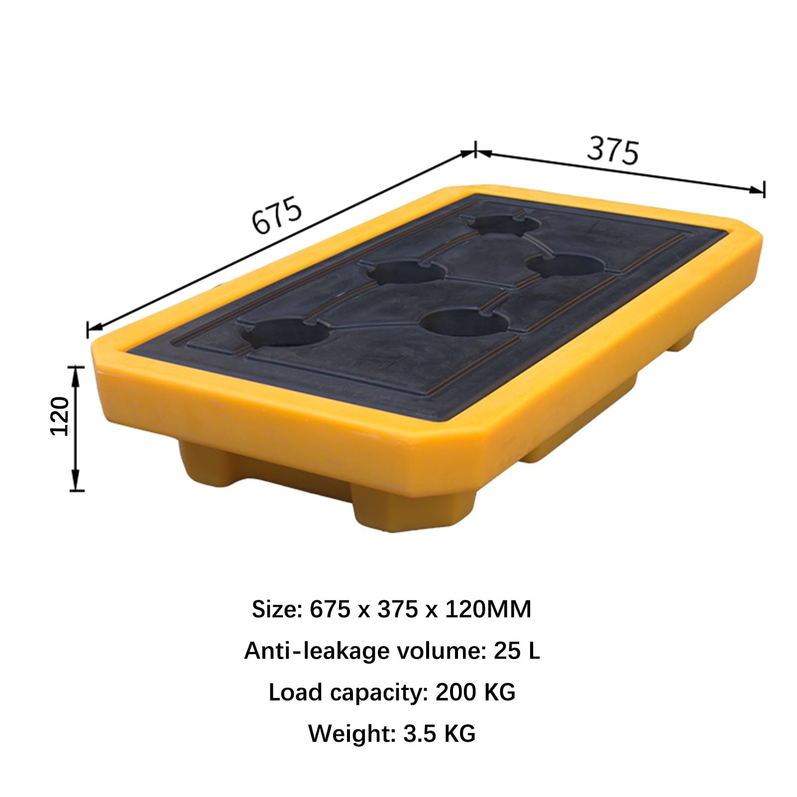 Gelbe und Schwarze Ölauffangwanne, stapelbare Polyethylenpalette mit Gitterablassöffnung, auslaufsichere Plattform zur Lagerung von Chemikalien