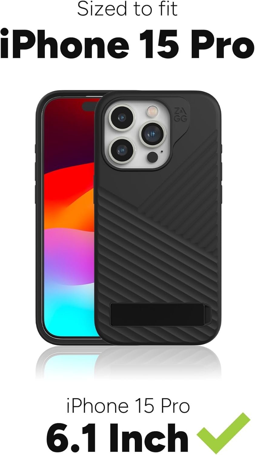 ZAGG Denali Snap iPhone 15 Pro Case with Kickstand - Drop Protection (16ft/5m), Dual Layer Textured Cell Phone Case, No-Slip Design, MagSafe Phone Case, Navy Blue