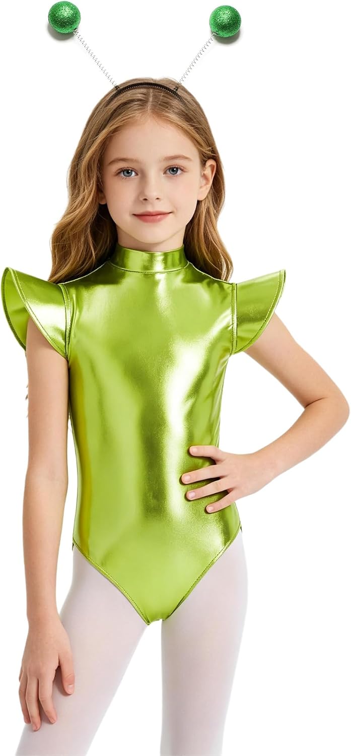 Girls Alien Space Costume Dress with Hair Hoop Set Fly Sleeve Glossy Metallic Leotard for Halloween