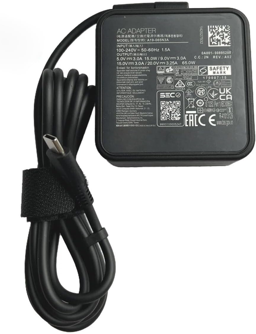 20V 3.25A + Power Cable Cord 65W Type-C Power Supply AC Adapter Compatible for Asus A19-065N3A