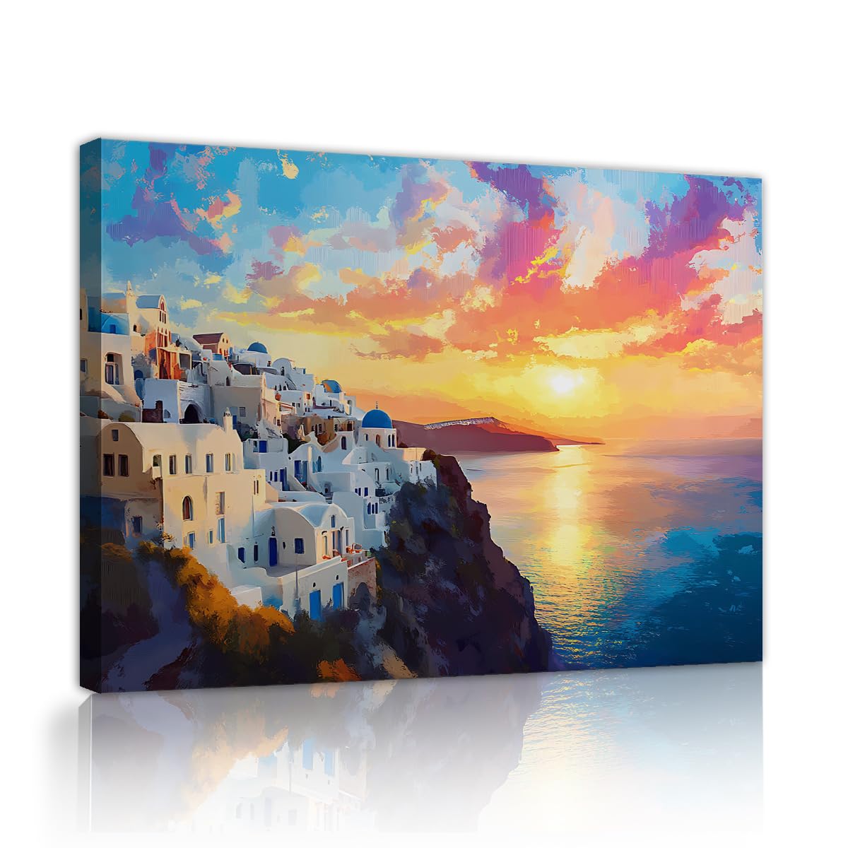 CHERHERART Sunset Coastal Village Landscape Prints Posters Pictures Painting Artwork Blue White Architecture Canvas Wall Art for Bathroom Office 55x85cm Innerframe