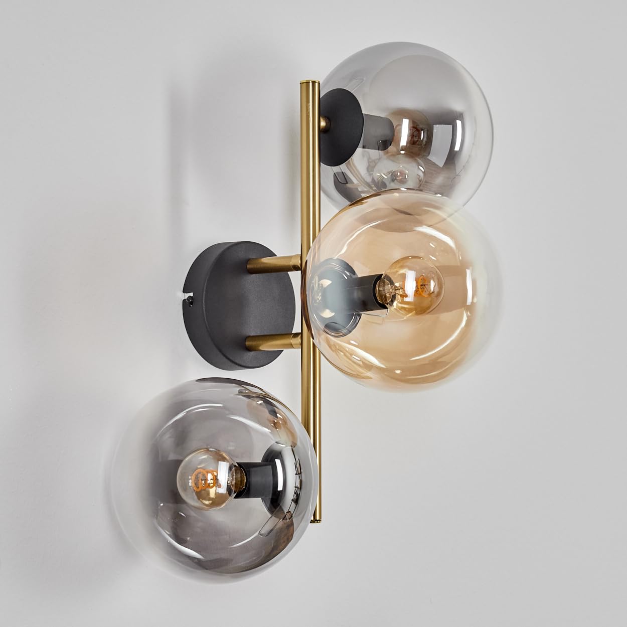 HOFSTEIN Wandleuchte Gastor, Wandlampe aus Metall/Glas in Schwarz/Gold/Rauch/Bernstein/Klar, Leuchte im Retro/Vintage-Design (Schirme Ø 15 cm), E14, Wohnzimmer, Schlafzimmer, Küche, Flur, Treppenhaus