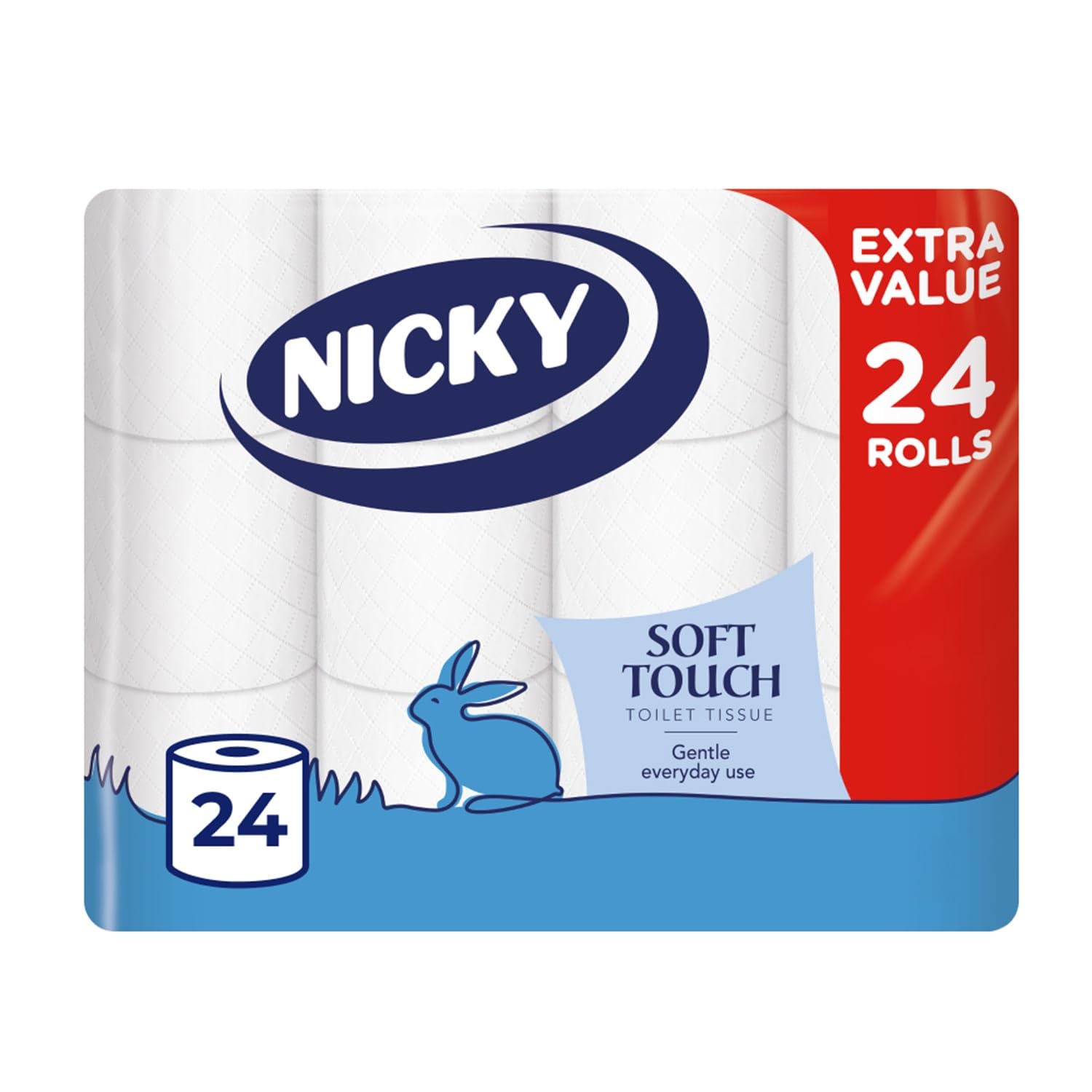 Nicky Soft Touch Toilet Tissue - 24 Rolls of Extra Gentle White Toilet Paper, 190 Sheets per Roll, 2-ply, Soft Tissue, Modern Embossing, Easy Opening, 100% FSC Certified Paper