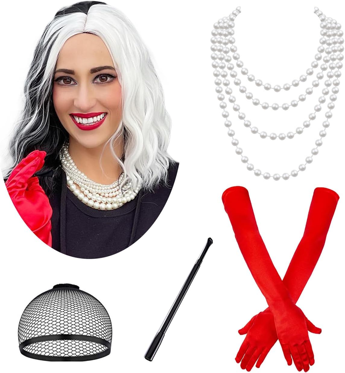 cruella de vil cigarette holder Cruella De Vil Costume Wig Set With Red Gloves, Feather Boa & Cigarette  Holder