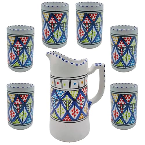 Set Brocca e Bicchieri in Ceramica Artigianale Tunisina Dipinti a Mano, Colore Prevalente: Blu