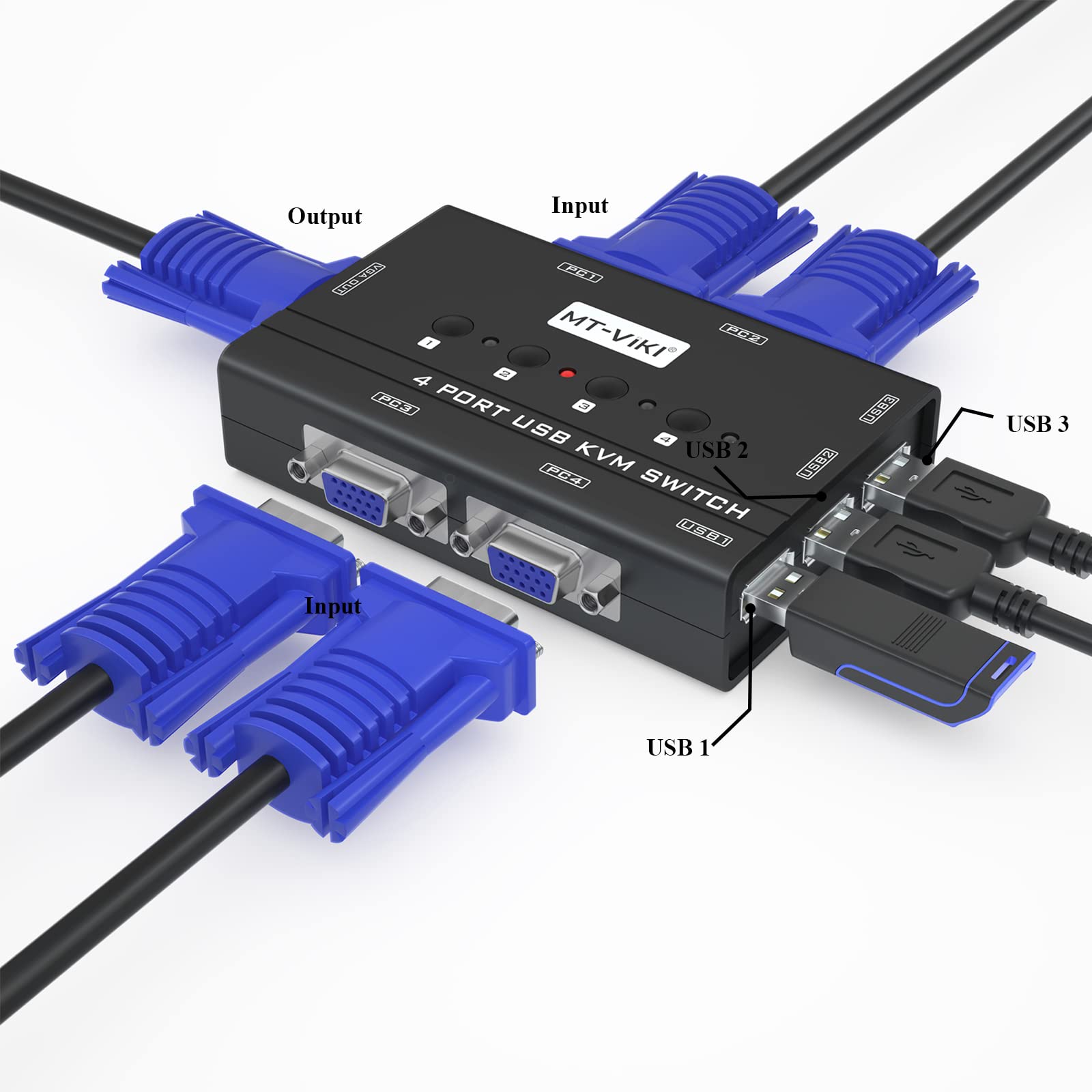 MT-VIKI Commutateur KVM VGA 4 ports VGA KVM pour clavier, souris, haut-parleur USB avec câble KVM PC sur un moniteur (4 ports)
