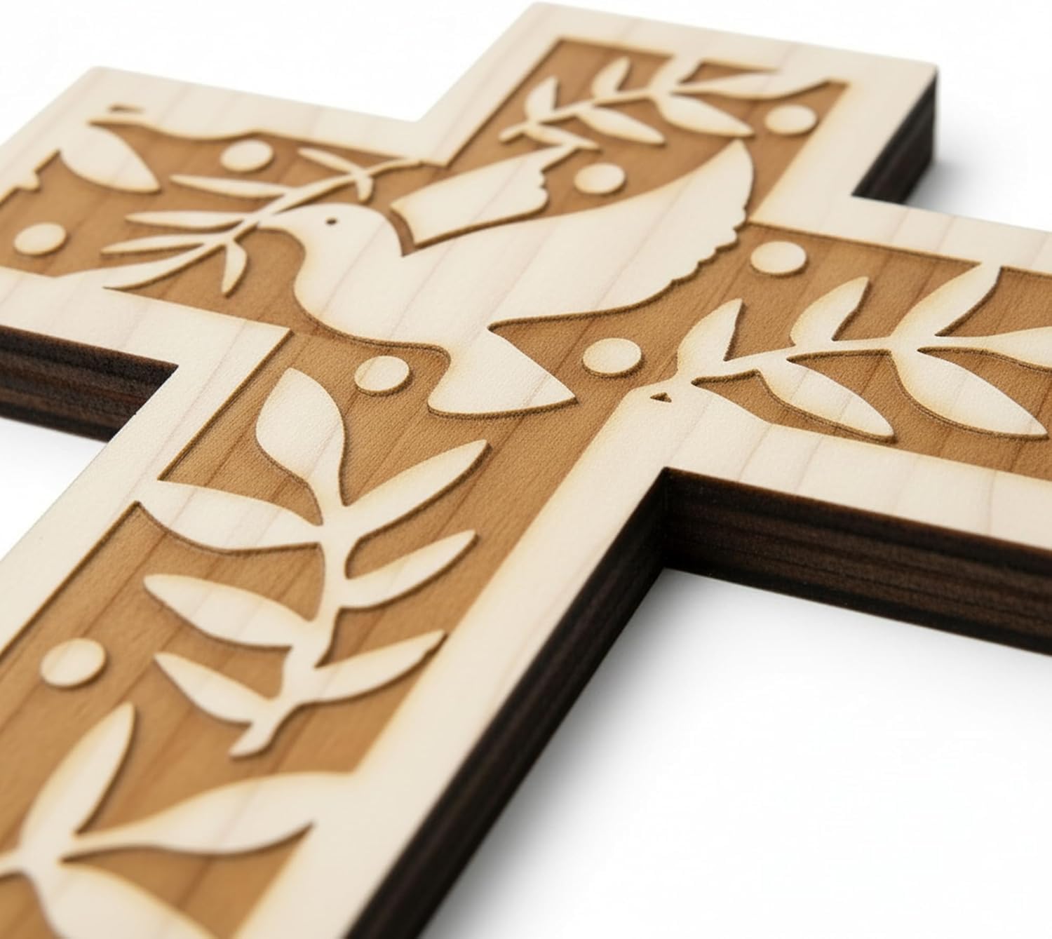 Croix murale en bois d'épicéa 18 cm avec colombe et rameaux d'olivier Kaltner