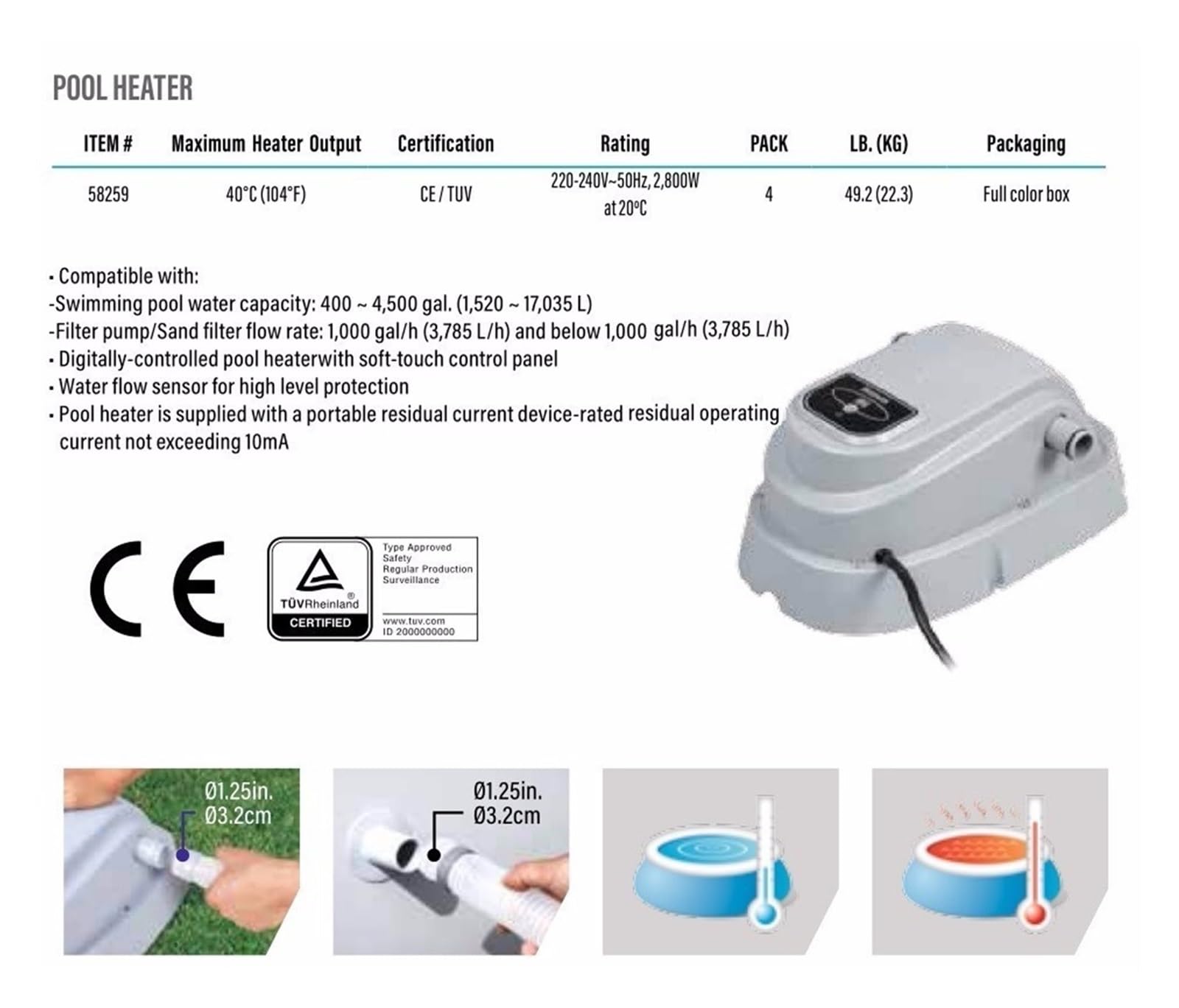 Calentador DE Piscina con Control Digital, for Trabajos en Piscinas de 400-4500 gal/1520-17035 l, Filtro 1000 GAL/h (3785 l/h) - Termoflujo