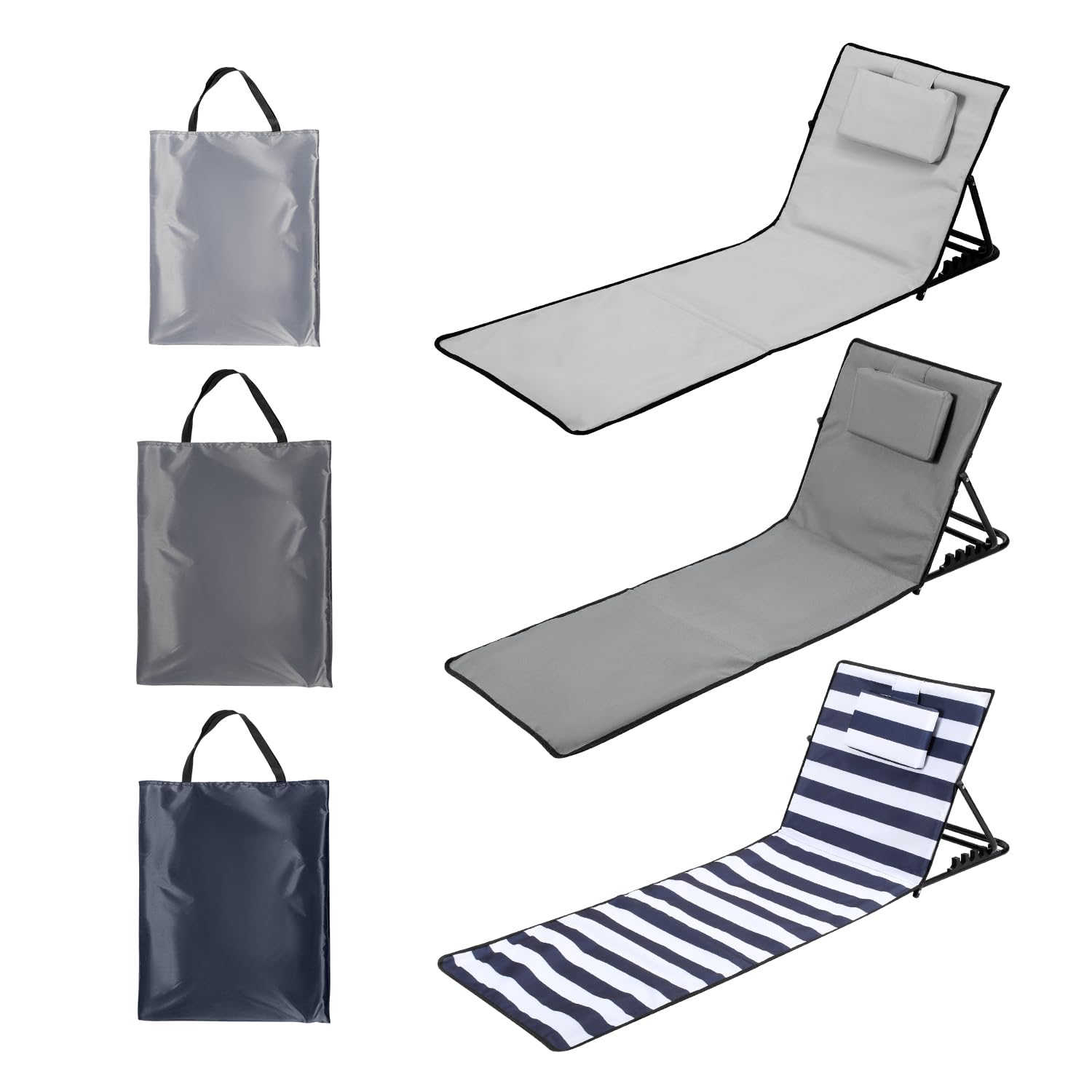 Lot de 2 chaises longues de plage pliables légères avec dossier avec coussin et compartiment de rangement - Tapis de soleil pliable pour la plage - Avec sac de transport - Chaise de plage