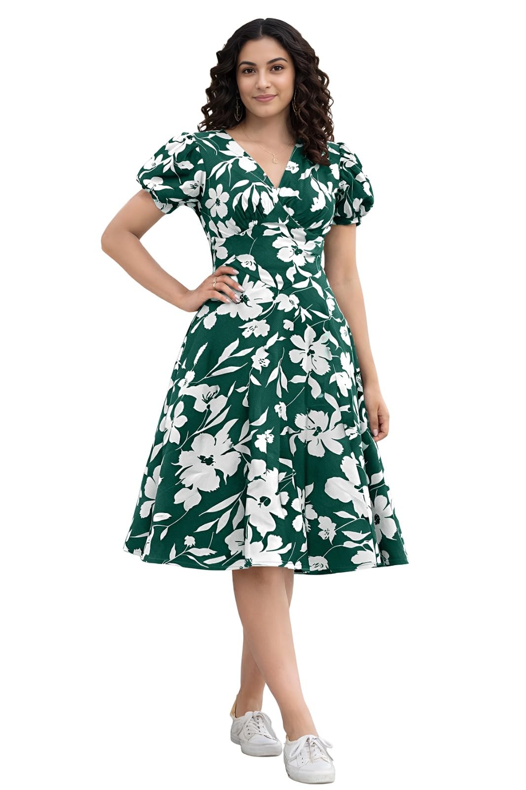 Women's Floral Midi Dress | V Neck Puff Sleeve Faux Wrap A-Line Swing Dress | Casual Summer Fit & Flare Knee Length Dress-image-22