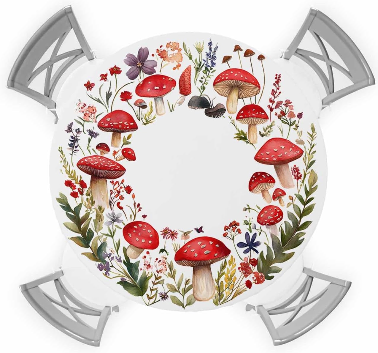 Mushroom Round Tablecloth with Elastic, Spring Wildflowers Waterproof Fitted Table Cloth for 55"-60" Round Tables Watercolor Plants Floral Wipeable Table Cover for Dining Picnic Party