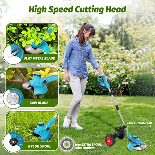 Electric Weed Wacker Cordless Weed Eater Battery Powered 3000Mah, Brush Cutter Push Lawn Mower With Wheels String Trimmer Edger Lawn Tool, 3 In 1 Grass Trimmer Heavy Duty Metal & Nylon Blade,10M Spool #TOP4