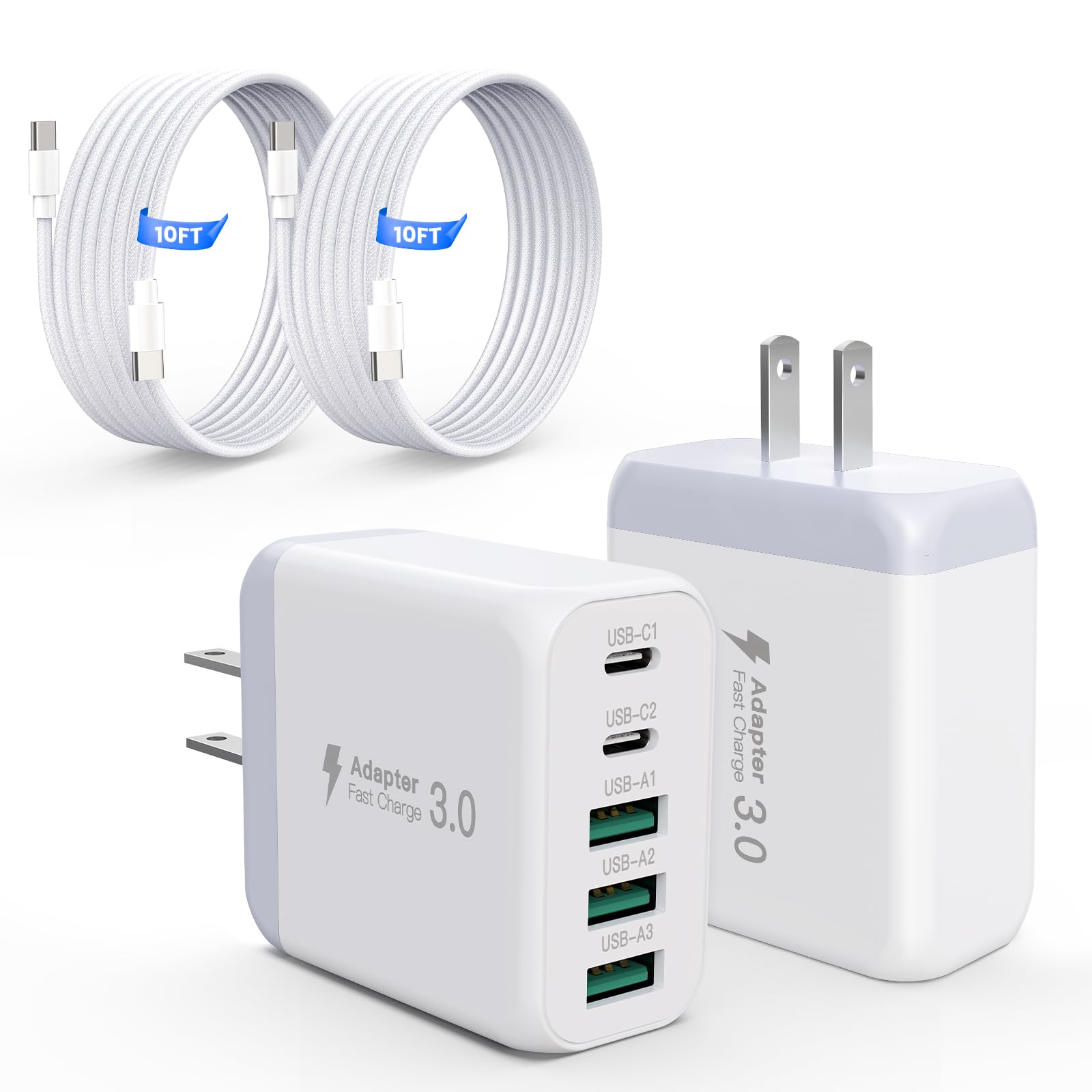 EIZLXQ - Bloque de carga USB C de 60 W para iPhone 17, 16, 15, paquete de 2 cargadores de pared USB C con salida máxima total de 60 W, cable USB C de 10 pies, bloques de carga rápida para iPhone 17/16
