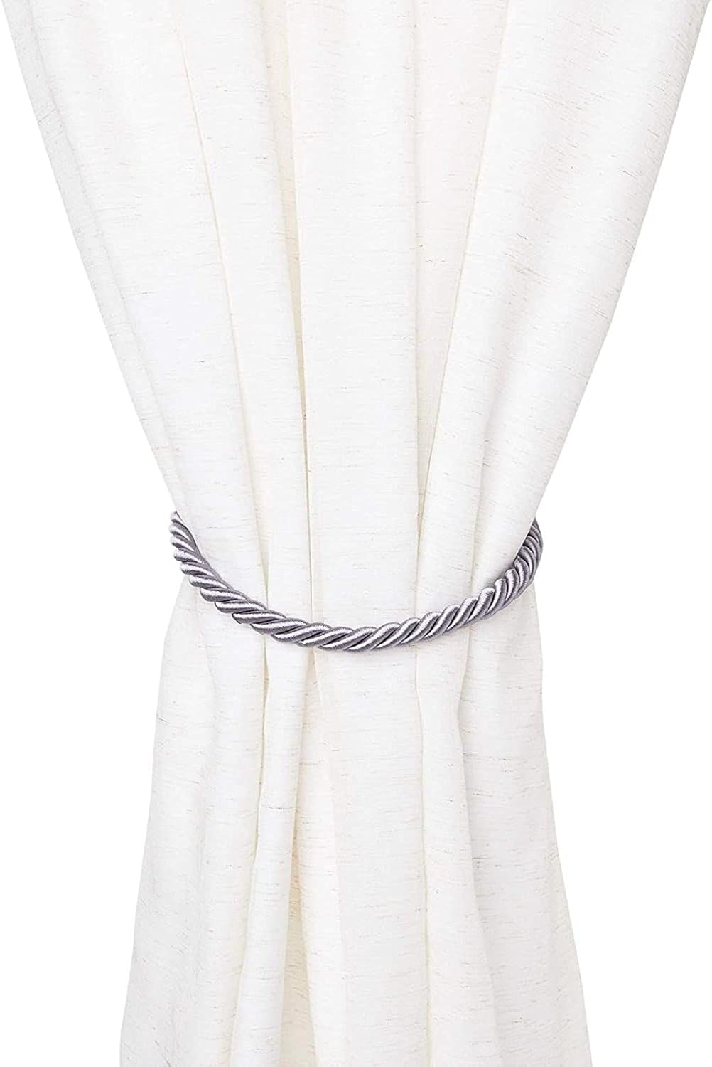 Light Grey Rope Curtain Tiebacks with Hooks, Holdbacks for Drapes (26 in, 2 Pairs)