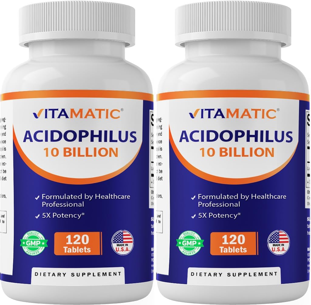 Vitamatic 2 Packs Acidophilus Probiotic – 10 Billion CFU – 120 Tablets – 5X Potency – Daily Probiotic Supplement, Supports Digestive Health (Total 240 Tablets)