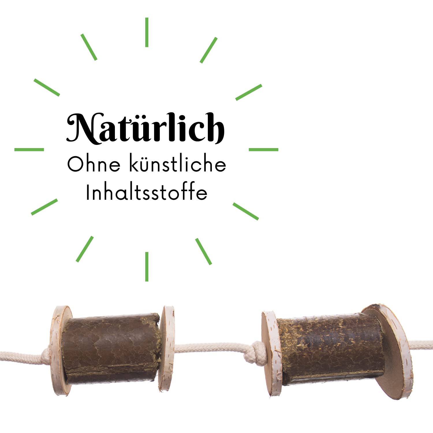LAX Wiesenprodukte Spielseil für Pferde 1 kg (1 Stück) – Getreidefreies Beschäftigungsfutter mit Luzerne & Holzscheiben – Natürlicher & rohfaserreicher Pferdesnack