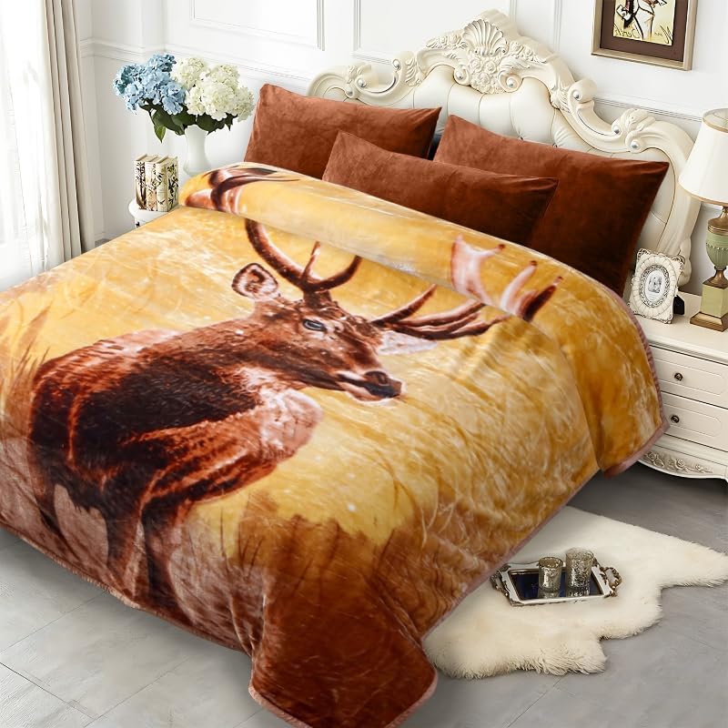 JYK Soft Fleece Bed Blanket King Size 83'' x 91'', 520GSM Medium Thick and Warm Blanket for Winter, Fuzzy Plush Bed Blanket King Size 5.7 LB, Cozy Fuzzy Microfiber Blanket - Deer/Elephant