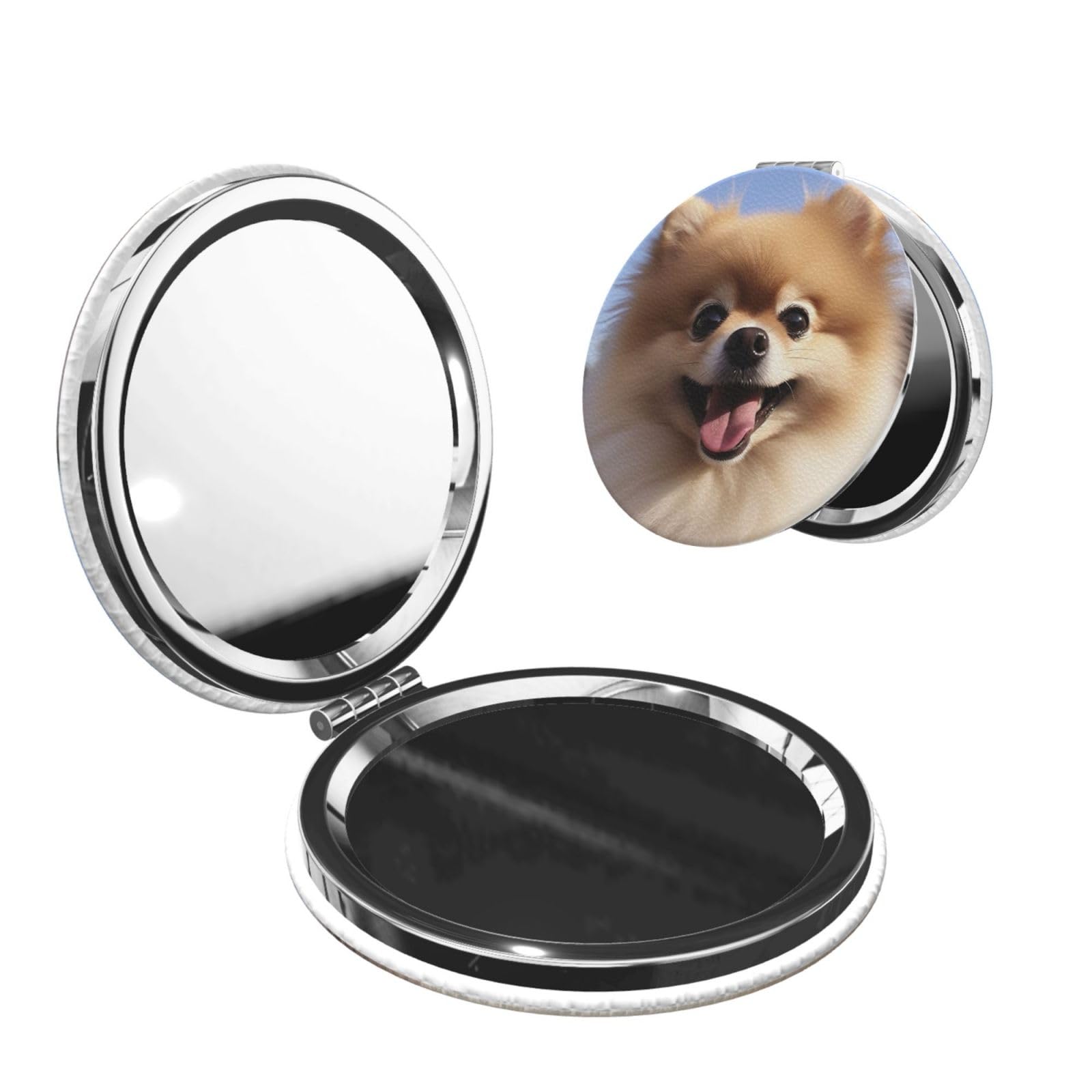 DWVTSLH Happy Pomeranian Compact Mirror for Purse, Double-Sided 2X/1X Magnifying Mirror for Women Men, Travel Makeup Mirror for Handbag, Handheld Vanity Mirror for Gift