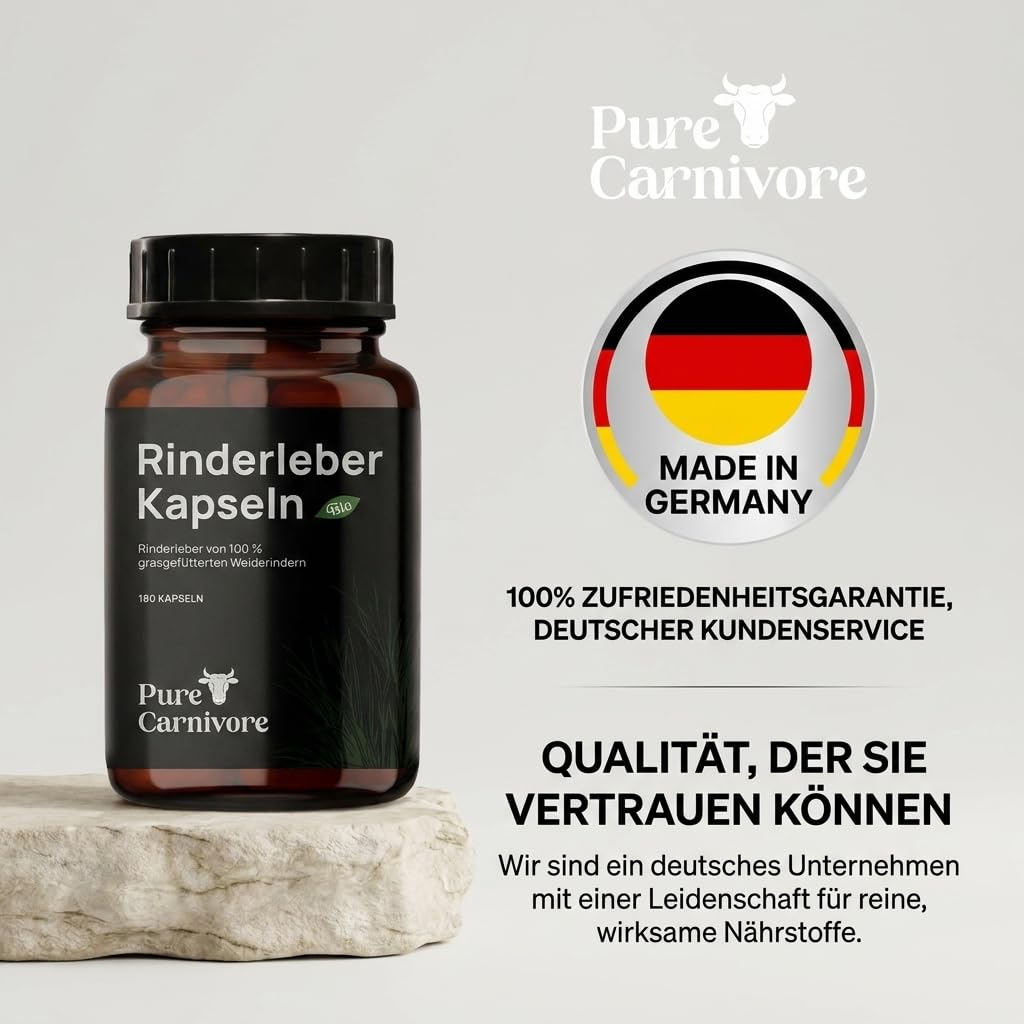 Bio Rinderleber Kapseln 180 Stück | 30-Tage-Packung | Weiderinder | Natürliches Vitamin A, B12, Eisen, B2, B3, B5, Folsäure, Kupfer | Für Keto- & Paleo-Ernährung