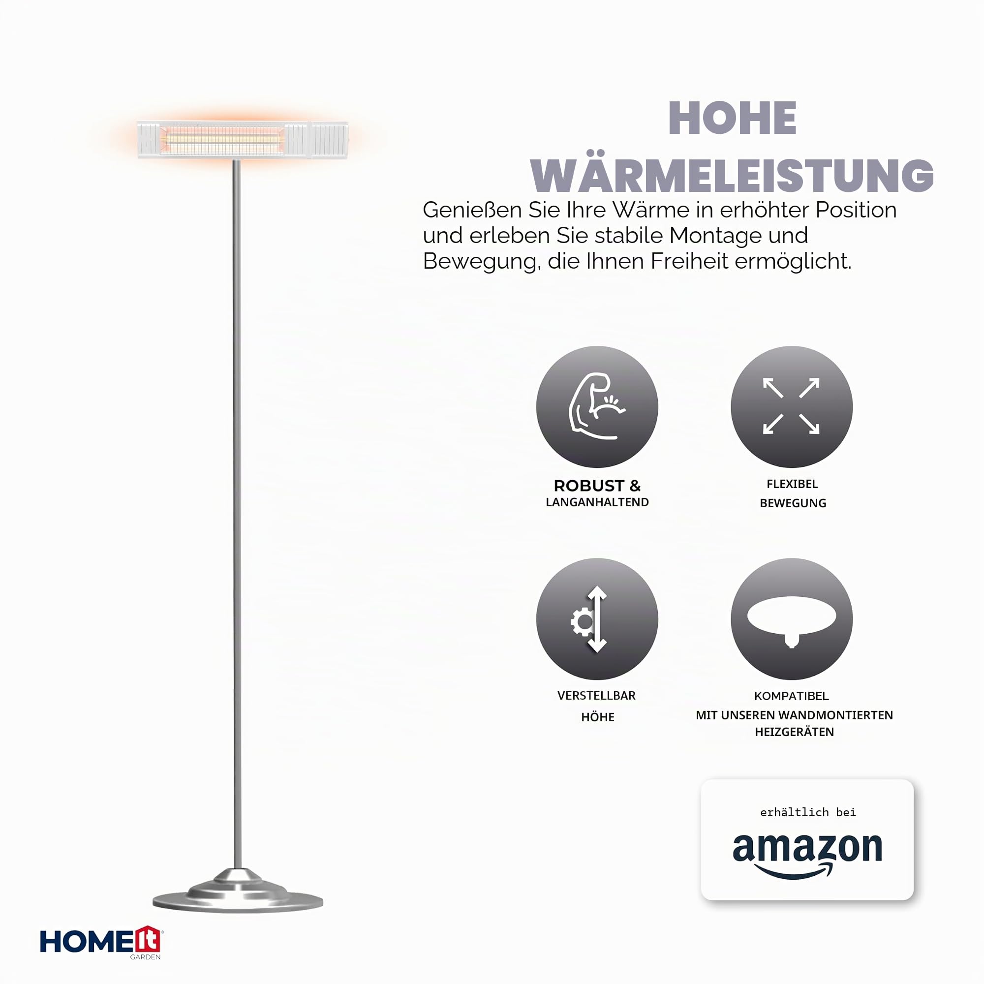 HOME It® Bodenständer für Terrassenheizer – Höhenverstellbar 52–188,5 cm – Für Wandmontage-Modelle 58628–58636 – Robustes Stahlrohr – Outdoor