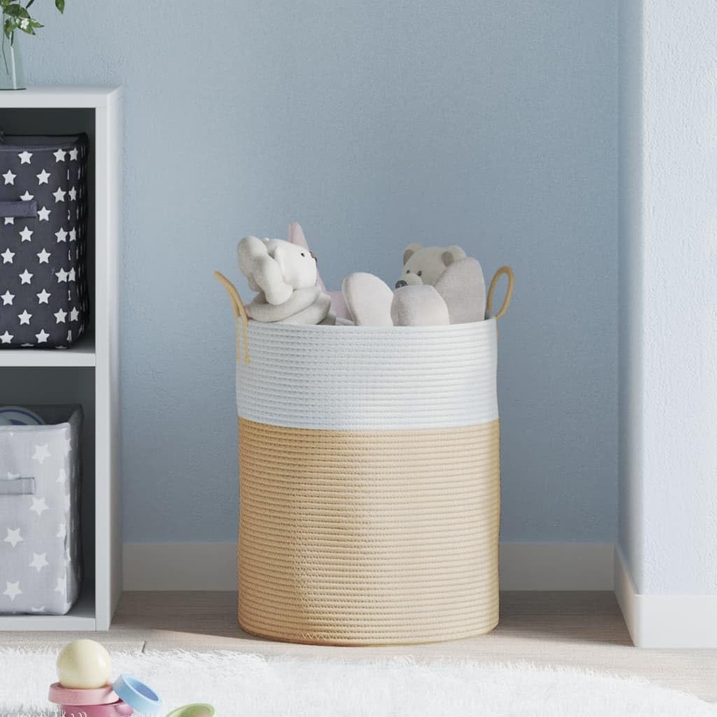 Mangloder Aufbewahrungskorb Beige und Weiß Ø38 x 46 cm Baumwolle, geflochten, faltbar, Organizer für Wäsche, Spielzeug, Wohnzimmer, Schlafzimmer, Bad, Kinderzimmer, Regal, Schrank