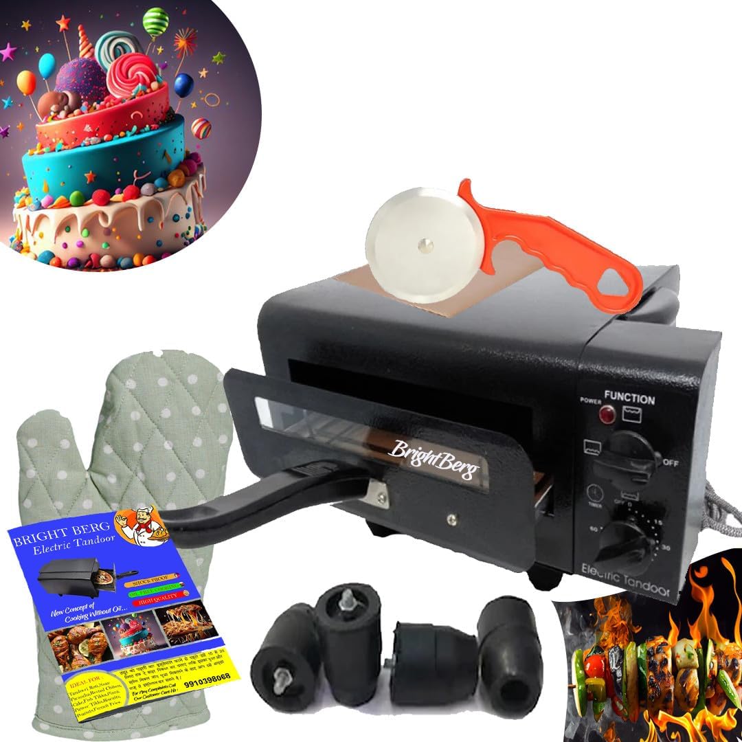 Bright Berg Medium Non Stick Modi Electric Tandoor with Automatic Timer and Regulator CRC Seat Powder Coating Body SS Element Glove, Grill, Skewers, R Book, Legs, Handle, Pizza Cutter | Black