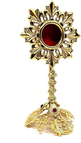 Miniatura 6 de Relicario de latón macizo con base ornamentada y cuentas tachonadas - Monstrance Catholic - Pequeño Relicario para Reliquias - Relicarios Custodias