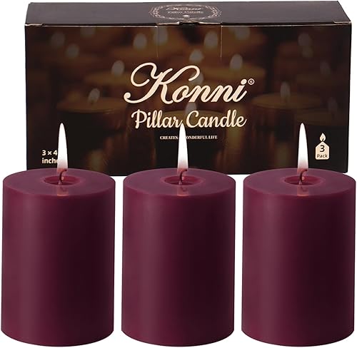 Miniatura 45 de KONNI Juego de 3 velas de pilar rojo sin perfume de 3 x 4 pulgadas, velas de 39 horas de combustión, velas redondas grandes sin humo y sin goteo