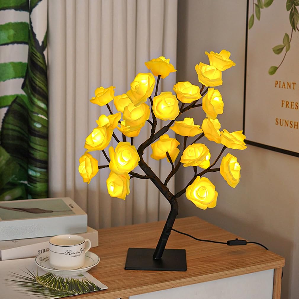 Tree Lamp, Colorful Light Up LED Rose Tree Table Lamp, Rose Flower Tree Night Light, Rose Flower Fairy Lamp, USB Operated Artificial Tree Light Decoration for Home Wedding Valentine's Day (Yellow)