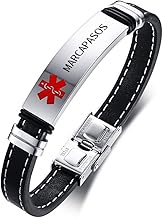 VNOX Personalised Genuine Leather Bracelet Medical ID Alert Stainless Steel, Free Engraving
