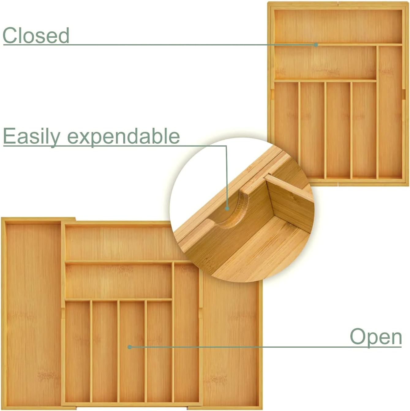 BAMEOS drawer organizer flatware organizer cutlery tray silverware organizer expandable adjustable bamboo drawer organizer kitchen bathroom (yellow)