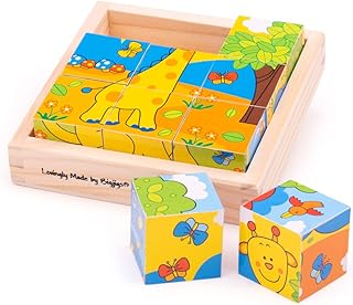Bigjigs Toys Safari Cube Jigsaw Puzzle - 9 Piece Toddler Puzzles, Quality Jigsaw Puzzles for Kids, Educational Animal Puzzles, Suitable for 18 Months +