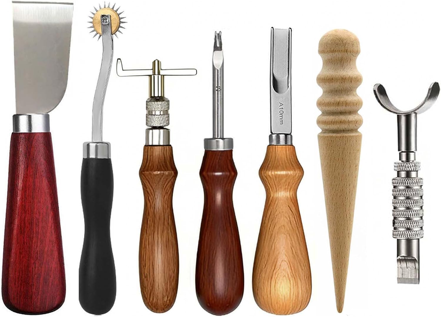 Leather Tooling Kit, Including Leather Cutting Knife Tracing Wheel Edge Beveler Groover Wooden Burnisher Swivel Knife Leathercraft Accessories-7PCS-silver