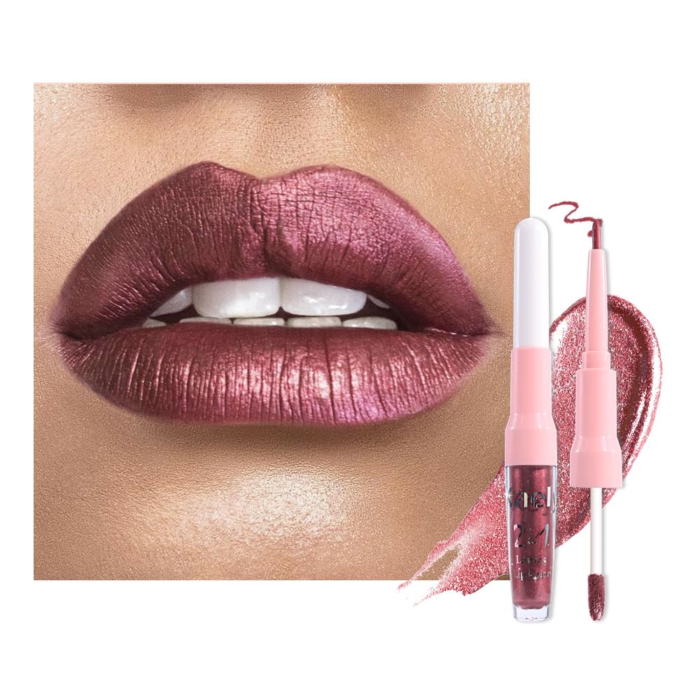 Kaely 2-in-1 Dark Wine Red Metallic Lipstick and Lip Liner, Shimmer Liquid Metallic Lipsticks for Women, Glitter Lip Gloss Stain Long Lasting