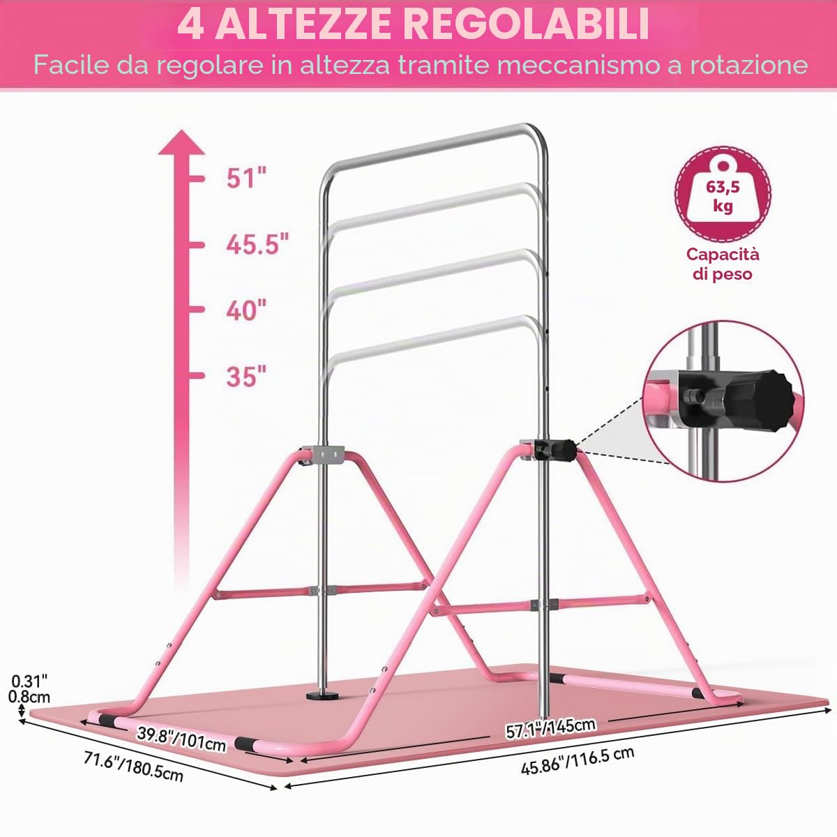 FBSPORT Barra da Ginnastica per Bambini con Altezza Regolabile Anelli Pieghevole Regolabile Espandibile Parallele Ginnastica Artistica, Ideale per Casa Junior